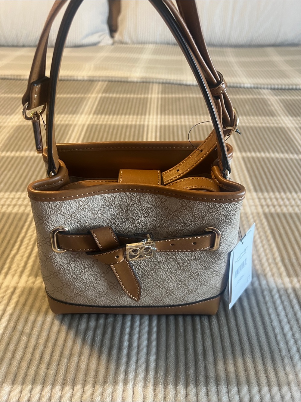Nine West Beige and Brown Logo-Print Shoulder Bag
